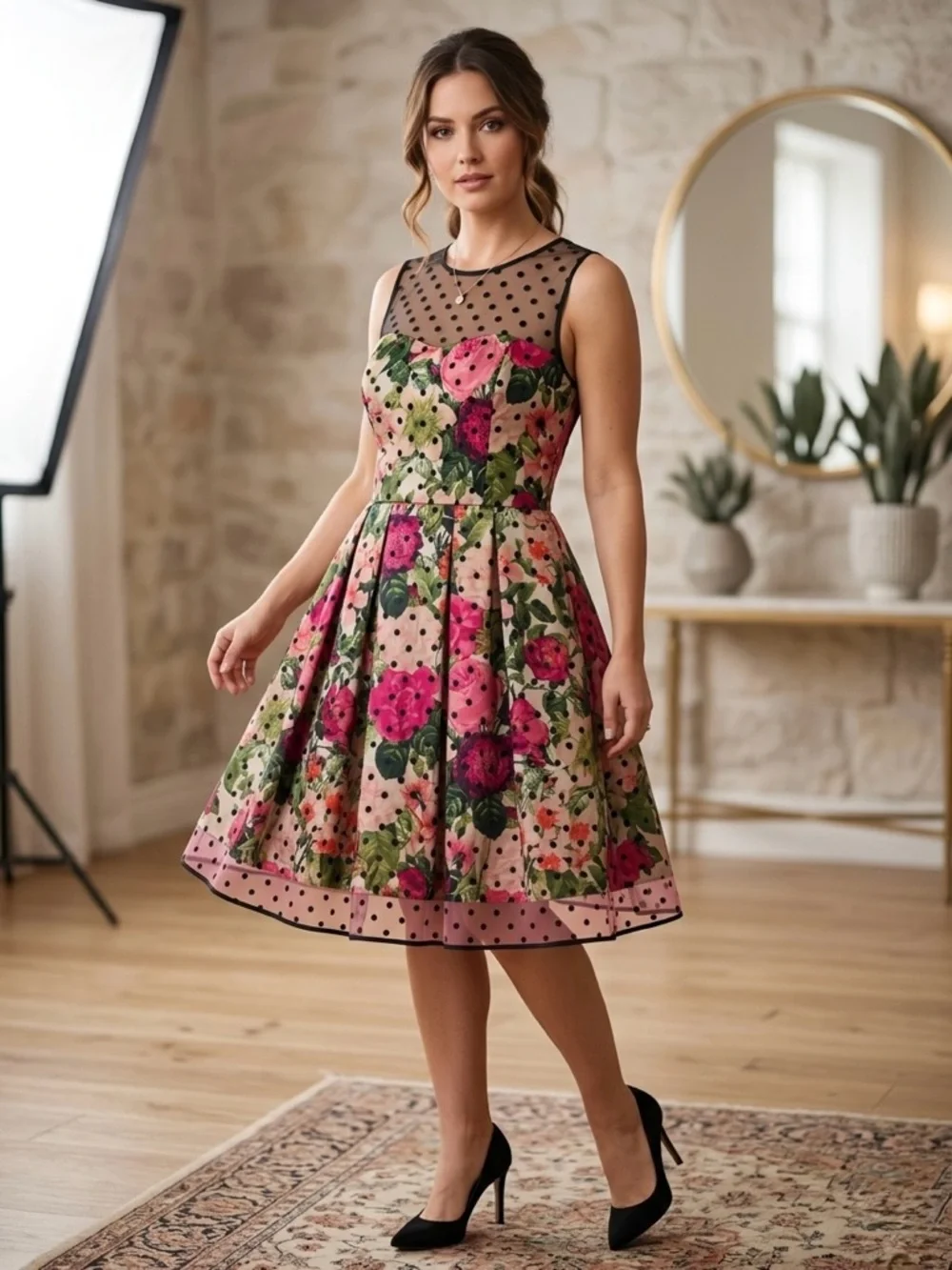 Eliza J Floral & Polka Dot Mesh Overlay Fit & Flare Party Dress 10 - Picture 1 of 8